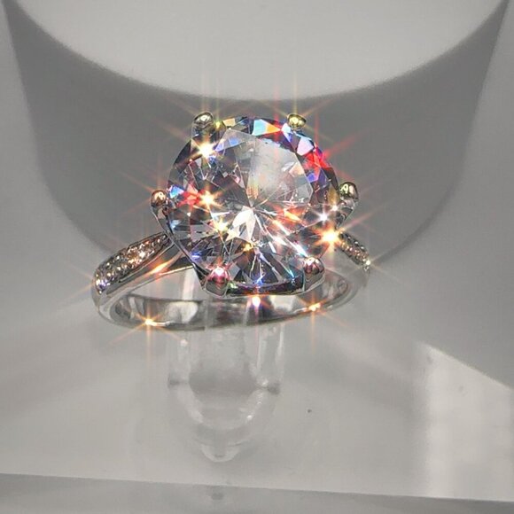 Round Cut Simulated Diamond Engagement Ring With Pave Band In Silver Tone 4CT - Picture 4 of 14